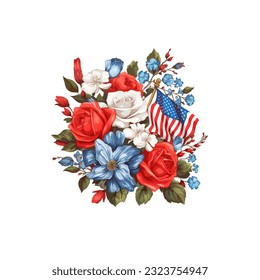 Flowers and american flag digital painting logo, sticker for independent day moment design