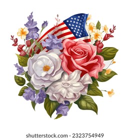 Flowers and american flag digital painting logo, sticker for independent day moment design