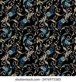 Flowers with ancient Louis pattern Floral vintage style, seamless, hand drawn. on a black background For producing textiles, fabric, fashion, wallpaper, gift wrapping paper.