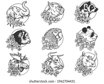 Flowers and animal head set tattoo with flowers sketch engraving vector illustration. T-shirt apparel print design. Scratch board imitation. Black and white hand drawn image.