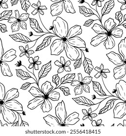 Flowers apple blossom. Spring. The first flowers. Spring flowers. Apple tree. Holidays. Seamless vector sketch pattern.