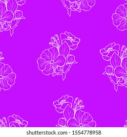 Flowers of apple, cherry on a purple light background. Seamless pattern Hand-drawn. Soft color. Vector illustration Suitable for banner, postcard, design