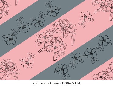 Flowers of apple on a striped background. Pink and gray pattern for fabric.

