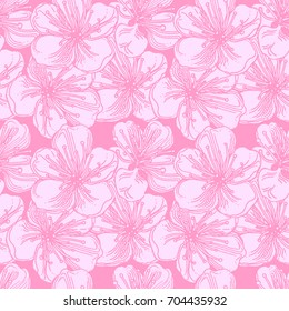 Flowers of the apple tree. Seamless background. On a pink background, the flowers are apple trees. Painted by hands. Vector. Spring flowers.