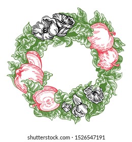 Flowers and apples. Vector picture. Wedding invitation template, egology concept, vegan food, cafe, restaurant, illustration for apple juice package