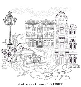 Flowers, architectural elements, a retro car for adult antistress coloring. 