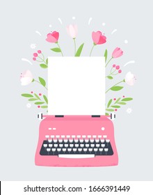 Flowers around Vintage Typewriter with Blank Sheet of Paper. Spring Event, Womans Day or Mothers Day Card or Poster. Vector Design