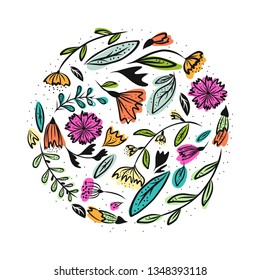 Flowers arranged in circle. Spring flowers. Illustration for  cards, posters, cards, flyers.
