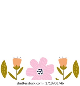 Flowers arranged in frame, place for a text, flowers, peonies, tulips and leaves vector illustration. Ideal for postcard, card, poster, flyer etc. 