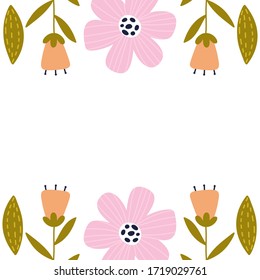 Flowers arranged in frame, place for a text, flowers, peonies, tulips and leaves vector illustration. Ideal for postcard, card, poster, flyer etc. 