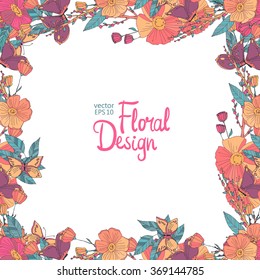Flowers Arranged in a Shape Of Frame. Square Floral border made of wildflowers and leaves.
