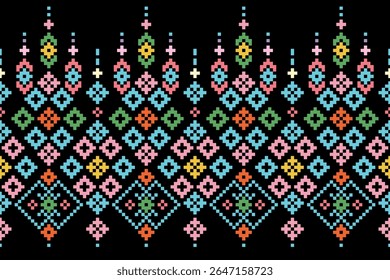Flowers are arranged in tiers, in geometric shapes, in various colors, seamlessly horizontally.