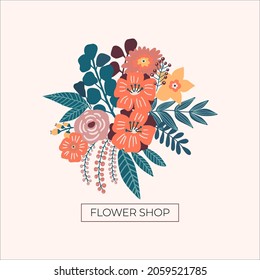 Flowers arrangement or florist salon concept. Modern hand drawn illustration.