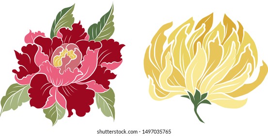Flowers Art Drawing Tattoo.japanese tattoo designs sleeve.peony flower vector for printing on wallpaper and background.Beautiful line art of floral.