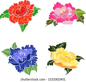 Flowers Art Drawing Tattoo.japanese tattoo designs sleeve.peony flower vector for printing on wallpaper and background.Beautiful line art of floral.colorful art flower.