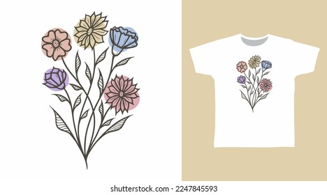 Flowers art hand drawn t shirt and apparel design concept