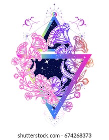 Flowers art nouveau in a triangle tattoo art. Symbol of art, freedom, astronomy, mysterious knowledge 