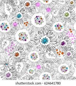 Flowers of Asters and Chrysanthemums drawn zigzag lines in green, pink, blue, purple, orange and yellow colors a seamless pattern on a white background.