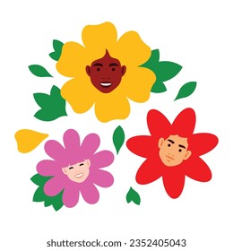 Flowers with a baby faces. Cute little girls and boy smiling surrounded by flowers petals. Childhood concept. Colorful vivid illustration in minimalist style. Best for cover, poster, banner