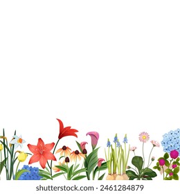 Flowers background with beautiful spring flowers footer for web or print design project