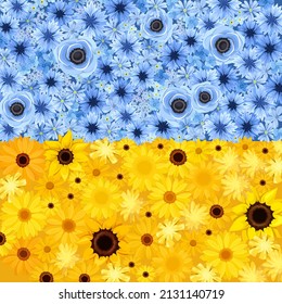 Flowers background in colors of Ukrainian flag. Vector blue and yellow background with sunflowers, gerbera, cornflowers, and other flowers