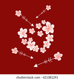 Flowers background. Flowers design. Flower Heart with arrows. Sakura blossoms Flower heart. Cherry flowers Heart and arrows on red color. Vector