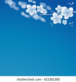 Flowers background. Flowers design. Flowers shine, bokeh background. Flowers design. Vector abstract illustration. Sakura blossoms. Branch of sakura with flowers. Cherry blossom branch on Blue. Vector