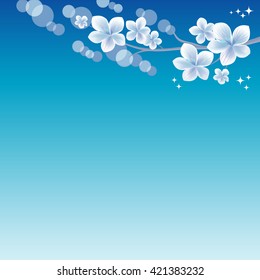 Flowers background. Flowers design. Flowers shine, bokeh background. Vector abstract illustration. Sakura blossoms. Branch of sakura with flowers. Cherry blossom branch on light-Blue. Vector