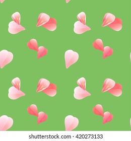 Flowers background. Flowers design. Vector abstract illustration. Flying petals. Pattern on green color background. Vector