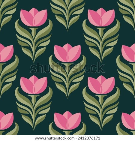 Flowers background flat graphic design. Floral seamless pattern. Tulip abstract sign. Art Deco style. Decorative ornament wallpaper. Vector illustration.