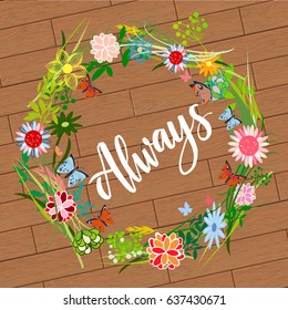 The flowers background is. Vector illustration summer or spring themes. Set of color plants on the wood background