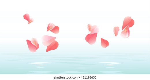 Flowers background. Petals design. Flowers petals falling in water. Roses flying petals. Sakure petals background. Vector