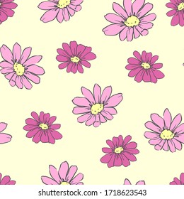 Flowers background print for textile. The drawn flowers beautiful illustration for the fabric. Design ornament pattern seamless. Vector