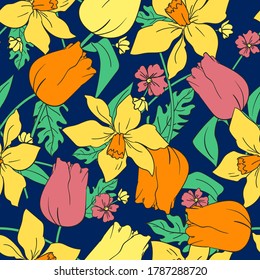 Flowers background print for textile. The drawn flowers beautiful illustration for the fabric. Design ornament pattern seamless. Vector illustration