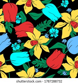Flowers background print for textile. The drawn flowers beautiful illustration for the fabric. Design ornament pattern seamless. Vector illustration