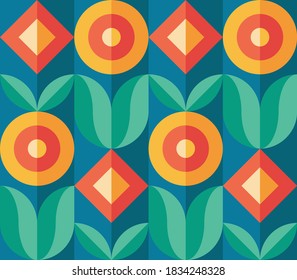 Flowers Background Seamless Pattern Design. Geometric Ornament Wallpaper. Nature Garden Decorative Mosaic. Vector Illustration. 