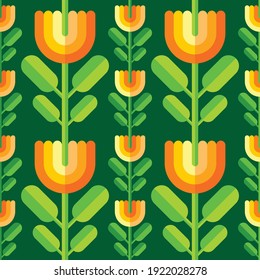 Flowers background seamless pattern design. Geometric ornament wallpaper. Nature garden decorative mosaic. Vector illustration. 