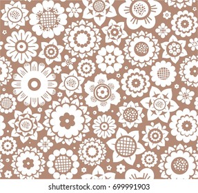 Flowers, background, seamless, white, brown, vector. Decorative white flowers on a brown background. Floral seamless pattern.  