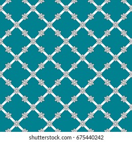 Flowers background, vector seamless pattern, dark aquamarine color. Geometric grid with flowers