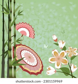 Flowers, bamboo, japanese fan and umbrella, green background. Vector illustration.