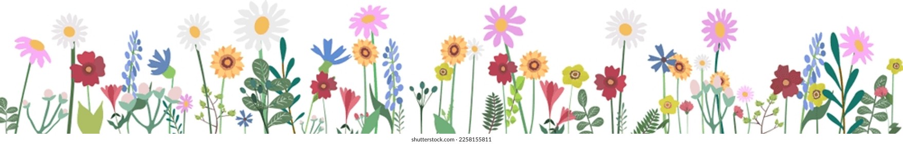 Flowers Banner Summer floral meadow seamless border Spring flowers and green branches Decorative colorful nature wall sticker, divider vector print isolated transparent free