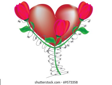 flowers with barbed wire on the background of the heart