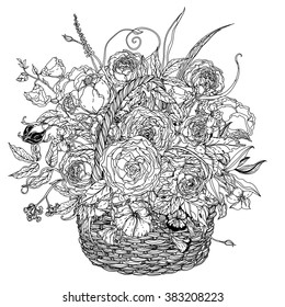 Flowers in a basket Black and white. Vector illustration. The best for your design, textiles, posters, coloring book in zenart style