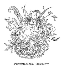 Blumen in einem Korb, schwarz-weiß. Vektorillustration. Das Beste für Ihr Design, Textilien, Plakate, Farbbuch im zenart-Stil
