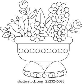 Flowers Basket Coloring Page For Kids, Vector illustration