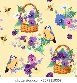Flowers in a basket. Daisies, pansies, bees and tits. Seamless vector illustration. For decorating textiles, packaging.
