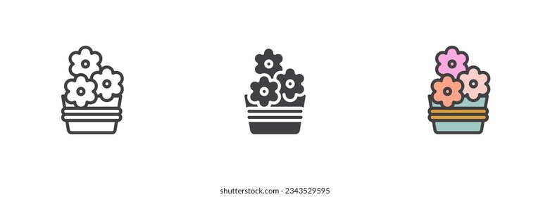Las flores canalizan un conjunto de iconos de estilo diferente. Línea, glifo y contorno relleno versión colorida, contorno y signo vectorial relleno. Símbolo, ilustración del logotipo. Gráficos vectoriales