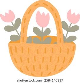 Flowers Basket With Grainy Texture Vector Illustration
