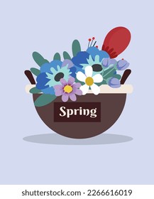 Flowers in a Basket and Text Spring