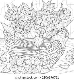 Flowers in a basket. Tulips and daisies.Coloring book antistress for children and adults. Illustration isolated on white background.Zen-tangle style. Hand draw